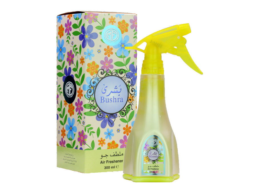 MFCreations Air Freshener Bushra 300MLHome EnvironmentMFCreations Air Fresheners exude oriental feelings that give you the feel of the Arab Culture! With the oriental smell, take the feel with you wherever you go. The Air Freshener comes in an easy-to-use