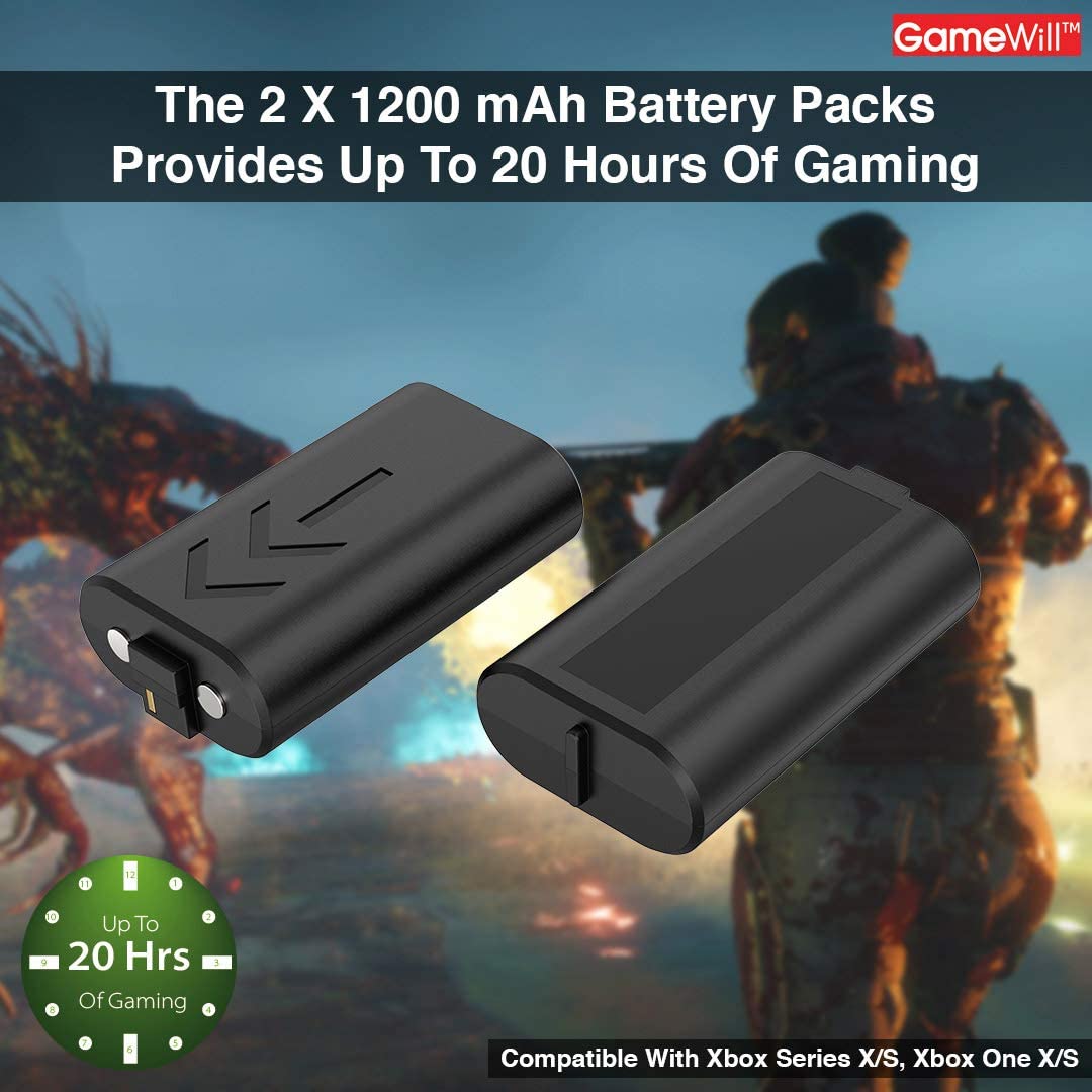 GameWill Rechargeable Controller Battery Pack [2-PACK] High Power [1200 mAh] for Xbox Series X and Series S (also compatible with Xbox Series One X/S) - Black
