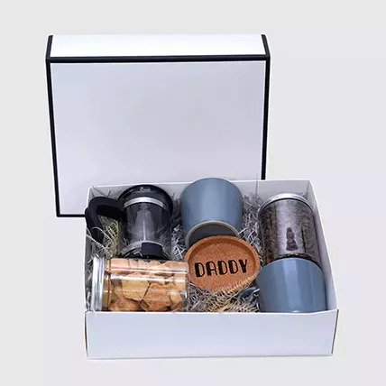 Daddy's Coffee Love Hamper1 Coffee Pot 1 Jar of Coffee Beans-250 grams 1 Daddy Coaster 2 Grey Coffee Mugs 1 Jar Of Cookies Arranged in a box
