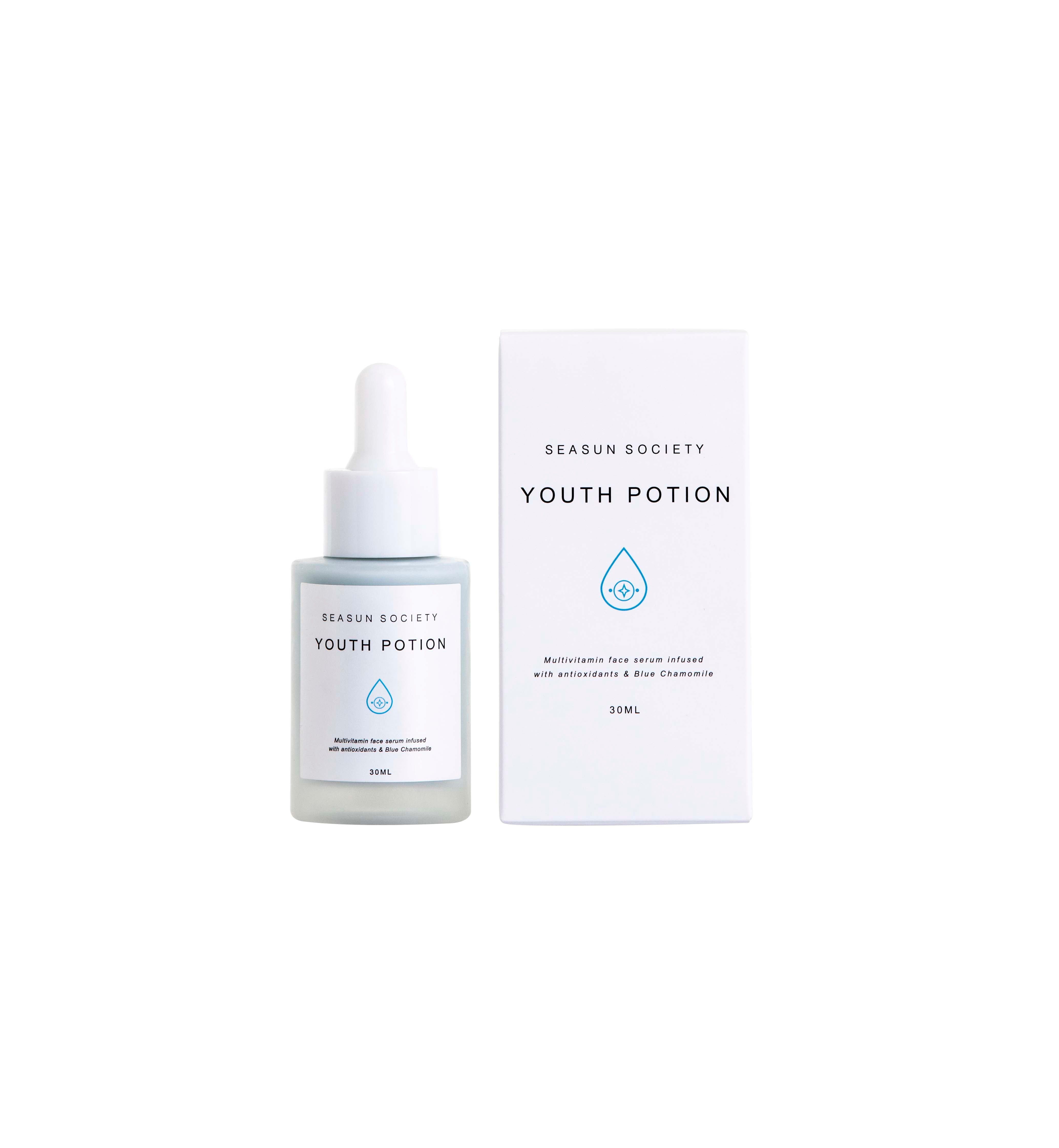 Clean Plant Based Youth Potion multivitamin Face Serum By Seasun SocietyPersonal CareMultivitamin Face Serum Infused with Antioxidants and Blue Chamomile Youth Potion is a powerful daily multivitamin for your skin. Our blend of vitamins, antioxidant rich