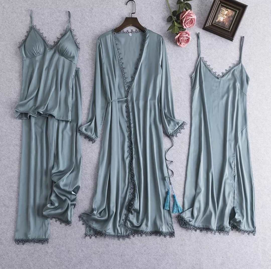 Pinkwish green long robe setFashion4 pieces elegant set silky satin material
