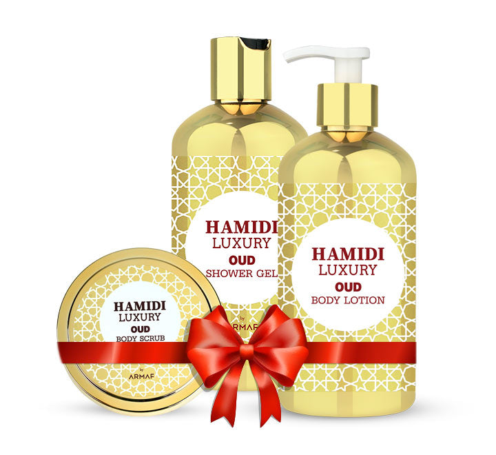 Hamidi Luxury Oud 3 Pieces Gift Set, Oud Body Scrub + Oud Body Lotion + Oud Shower GelPersonal CareThe Gift Set Contain: Hamidi Luxury Oud Body Scrub + Hamidi Luxury Oud Body Lotion + Hamidi Luxury Oud Shower Gel