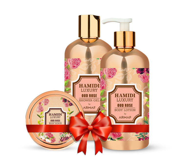 Hamidi Luxury Oud Rose 3 Pieces Gift Set, Oud Rose Body Scrub + Oud Rose Body Lotion + Oud Rose Shower GelPersonal CareThe Gift Set Contains: Hamidi Luxury Oud Rose Body Scrub + Hamidi Luxury Oud Rose Body Lotion + Hamidi Luxury Oud Rose Shower Gel