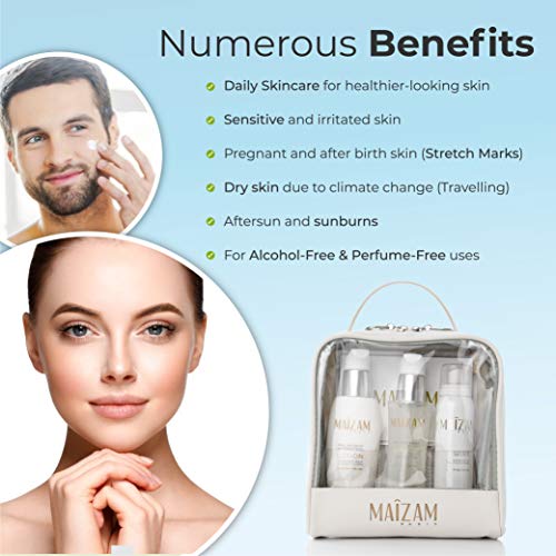 MAIZAM PARIS – Sensitive Skin Care KitPersonal CareMAIZAM Sensitive Skincare Kit Fitness Travel Cosmetic Bag Face Body Moisturizer Heat Protectant Refreshing Spray Gentle Cleanser Great Gift Useful for Hajj and Umrah Key Features: Multi-Functional – This