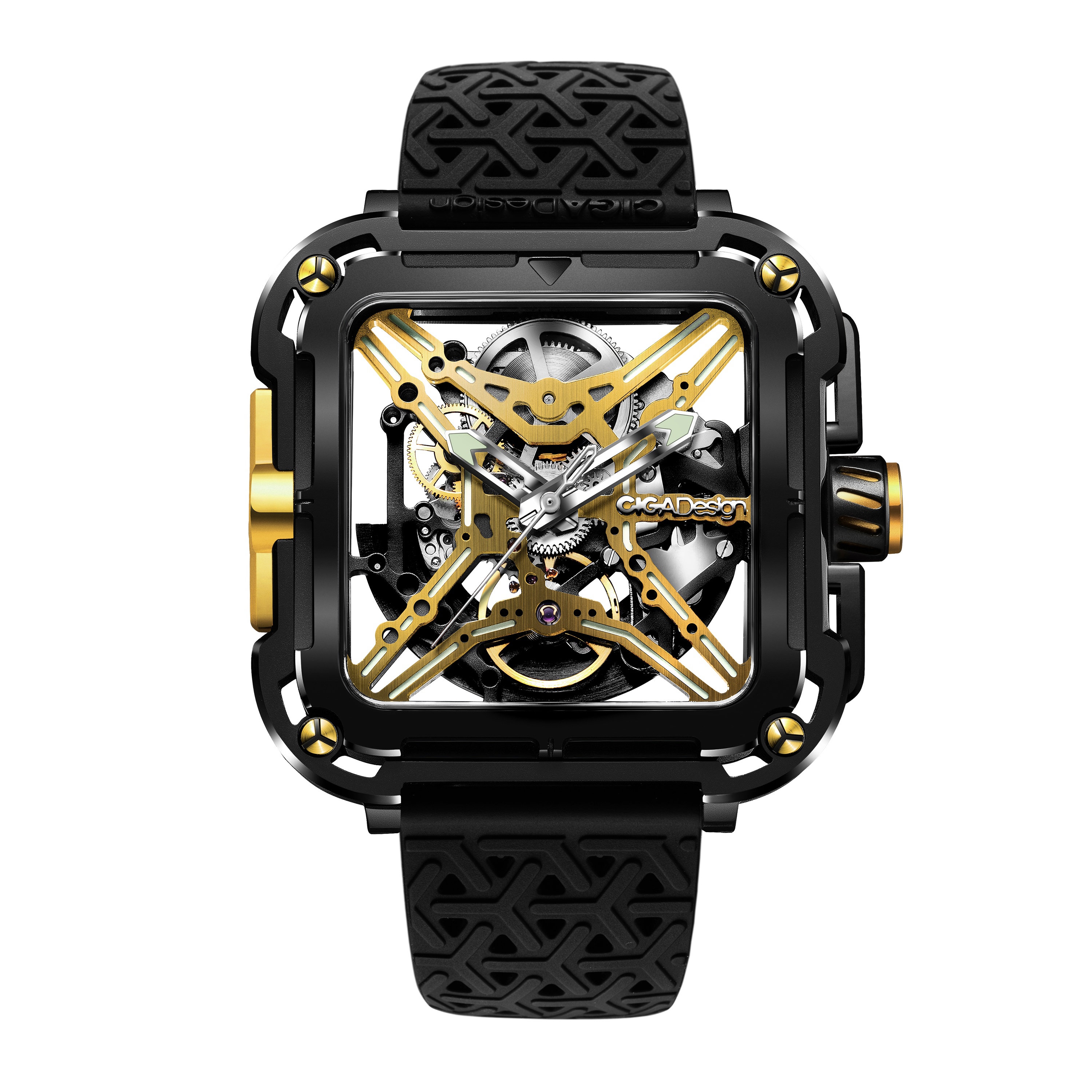 CIGA DESIGN X Series Great Ape Titanium Coating Hollow DesignJewelleryCase Size: 44.0MM x 48.0MM Case Thickness: 11.7MM Case Material: Titanium Water Resistance: 3 ATM Movement: Automatic (Customized) Strap Width: 22MM Strap Material: Silicone Strap*1, Na