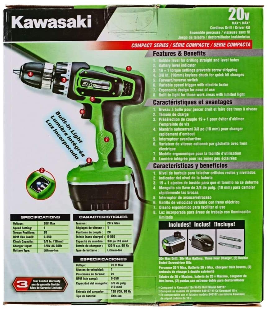 Kawasaski 20 Volts Brush less 2X2Ah Li Cordless Drill - 603010735Tools & Home ImprovementsProduct Dimensions : 10.2 x 37 x 28.2 cm; 3.47 Kilograms Brand: Kawasaski Power Source: Cordless Electric Type: Drills Model Number: 603010735 Voltage Rating: 20 Vol