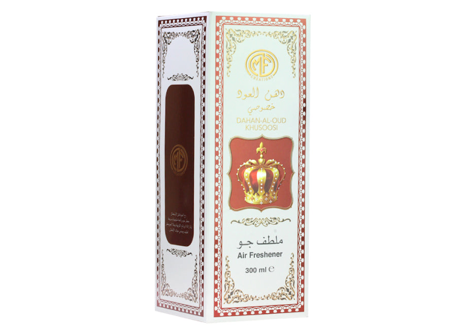MFCreations Air Freshener Dhan Al Khusoosi 300MLHome EnvironmentMFCreations Air Fresheners exude oriental feelings that give you the feel of the Arab Culture! With the oriental smell, take the feel with you wherever you go. The Air Freshener comes in an e