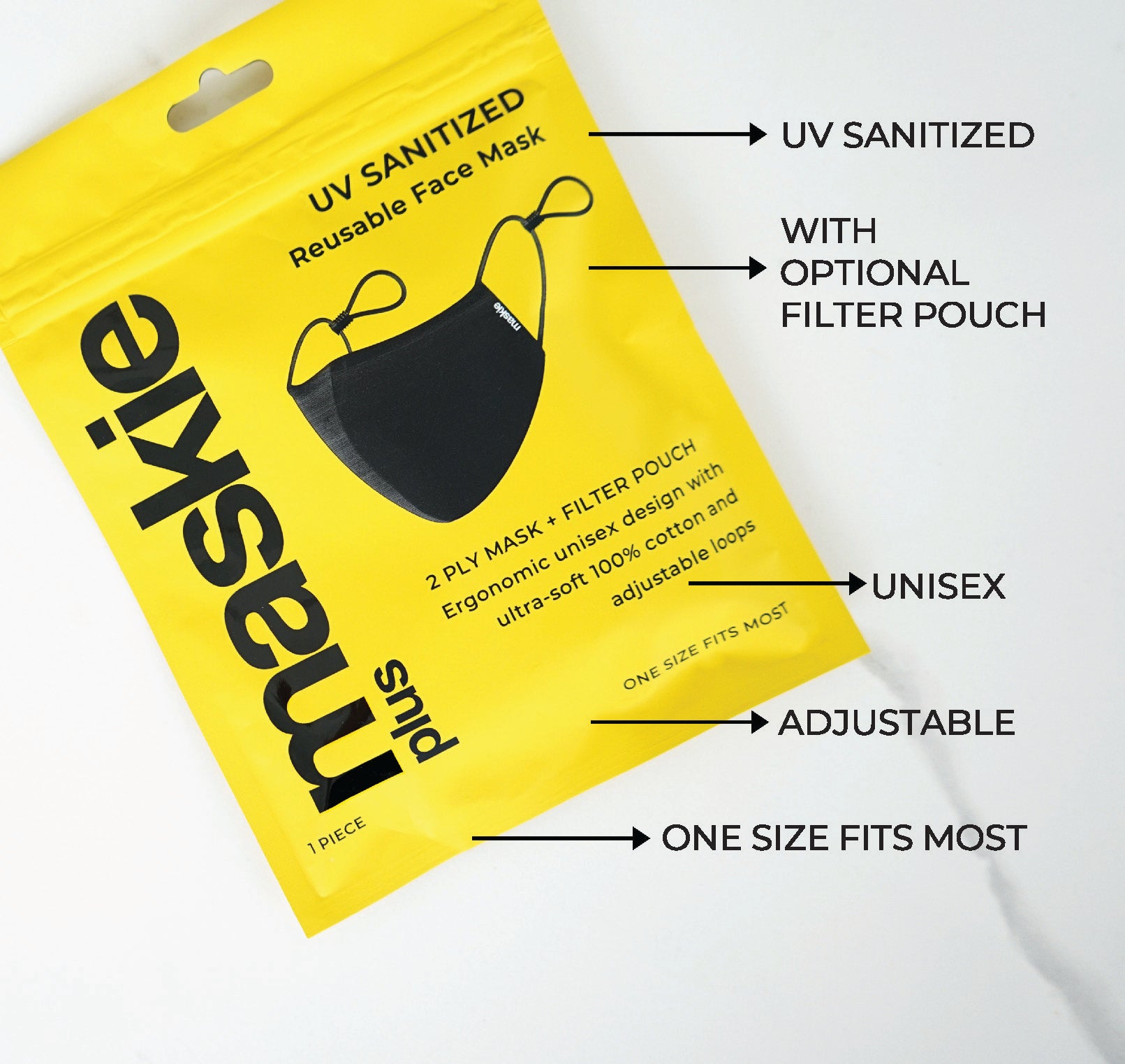 Cotton Washable Face Mask (Black) - Maskie ‘Plus’ Reusable Breathable Cloth Face Covering with Adjustable Ear Loops - Comfortable Masks for Men and WomenHealthUV SANITIZED: We UV sanitize all of our face masks prior to packaging to ensure long-term protec