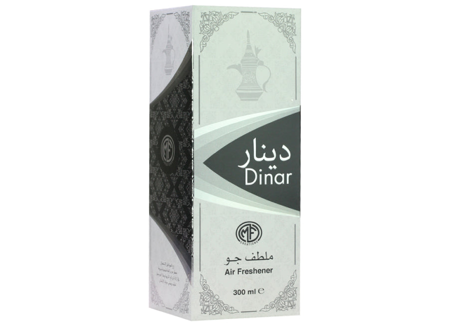 MFCreations Air Freshener Dinar 300MLHome EnvironmentMFCreations Air Fresheners exude oriental feelings that give you the feel of the Arab Culture! With the oriental smell, take the feel with you wherever you go. The Air Freshener comes in an easy-to-use