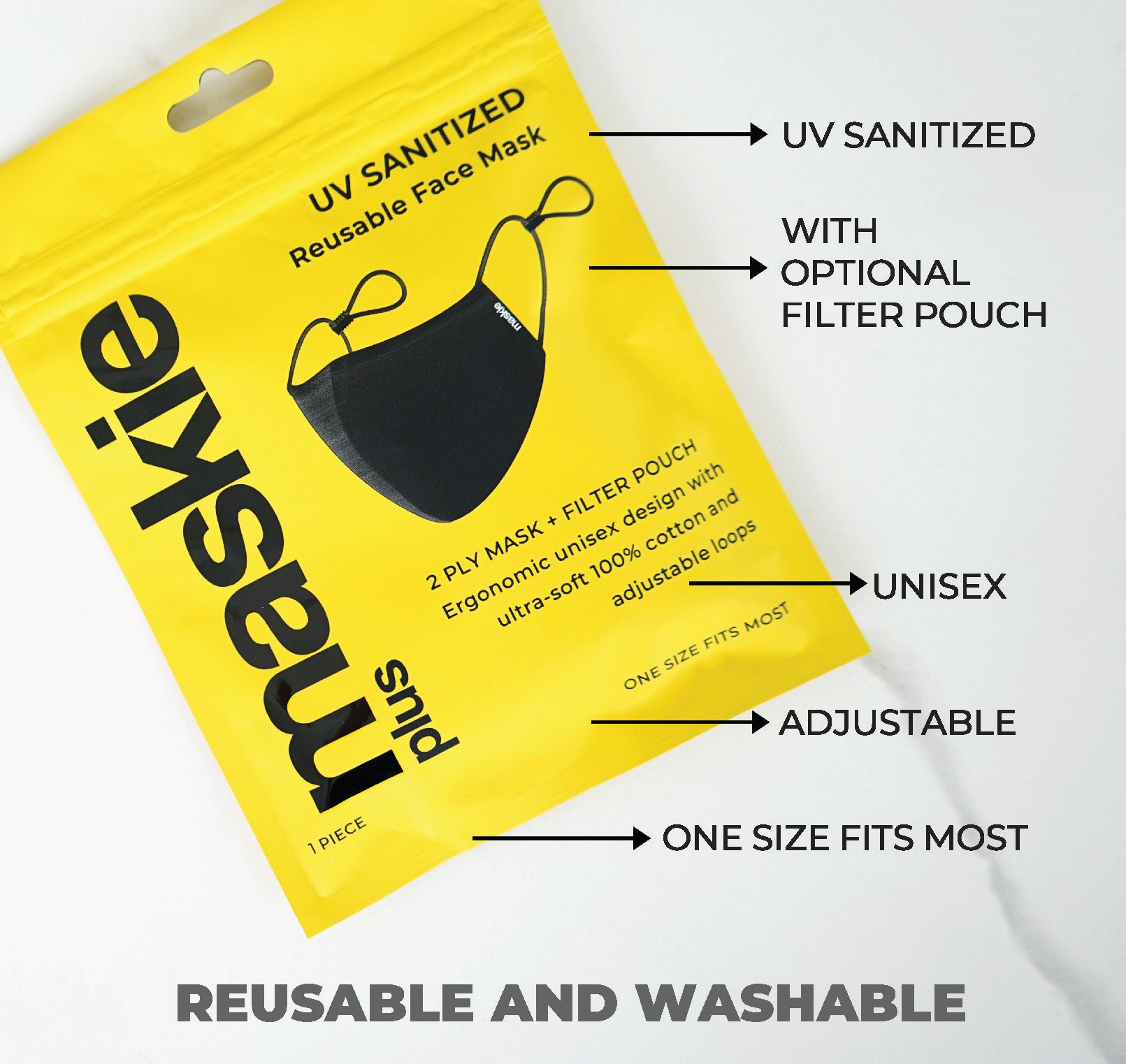 Cotton Washable Face Mask (Black) - Maskie ‘Plus’ Reusable Breathable Cloth Face Covering with Adjustable Ear Loops - Comfortable Masks for Men and WomenHealthUV SANITIZED: We UV sanitize all of our face masks prior to packaging to ensure long-term protec