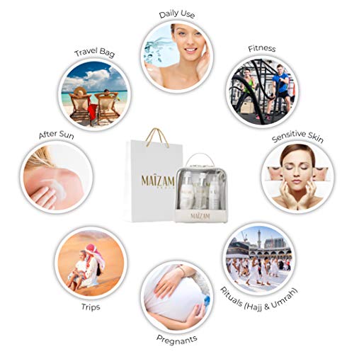 MAIZAM PARIS – Sensitive Skin Care KitPersonal CareMAIZAM Sensitive Skincare Kit Fitness Travel Cosmetic Bag Face Body Moisturizer Heat Protectant Refreshing Spray Gentle Cleanser Great Gift Useful for Hajj and Umrah Key Features: Multi-Functional – This