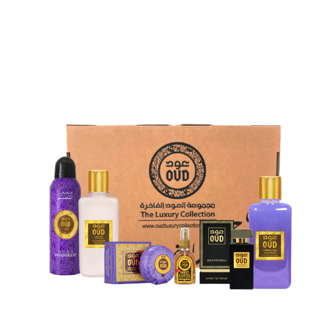 For Her Oud Gift BoxPersonal Care1.Oud Extrait de Parfum - Oud and Patchouli 50ml 2. Oud Shower Gel - Oud and Orchids 300ml 3. Oud Body Lotion - Oud and Flowers Lotion 300ml 4.Oud Body Deodorant - Hareemi Oud 200ml 5.Oud Soap.- Hareemi Soap 125g 6. Oud Sp