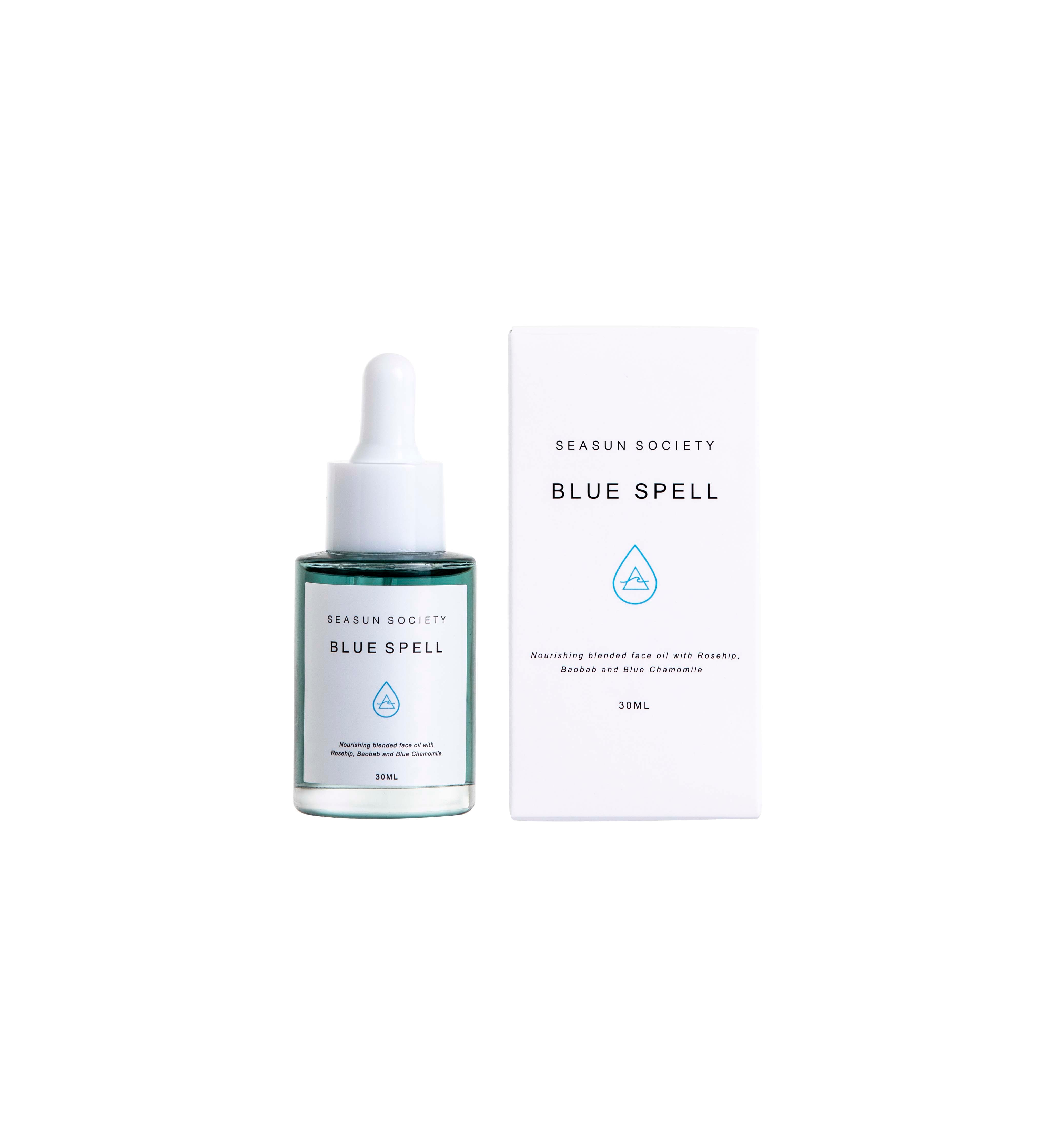 Clean Plant Based Seasun Society Blue Spell Face OilPersonal CareNourishing Blended Face Oil with Rosehip, Baobab and Blue Chamomile. Blue Spell is a moisturising facial oil with 7 highly effective ingredients. Our formula is designed to hydrate, soothe,