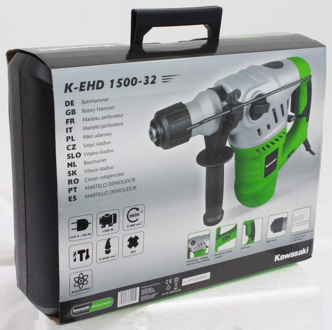 Kawasaki 603010100 1500 Watts Rotary Hammer DrillTools & Home ImprovementsBrand: Kawasaki Power Tools Type: Hammers Power Consumption: 1500 Watts Voltage Rating: 230 Volts Package Dimensions : 43.5 x 33.5 x 16.3 cm; 7.74 Kilograms