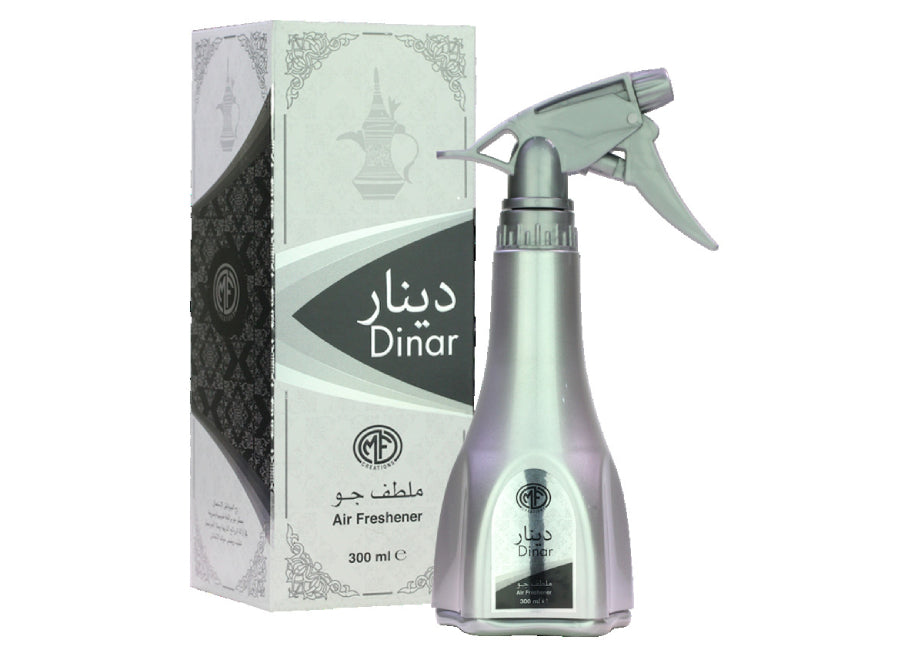 MFCreations Air Freshener Dinar 300MLHome EnvironmentMFCreations Air Fresheners exude oriental feelings that give you the feel of the Arab Culture! With the oriental smell, take the feel with you wherever you go. The Air Freshener comes in an easy-to-use