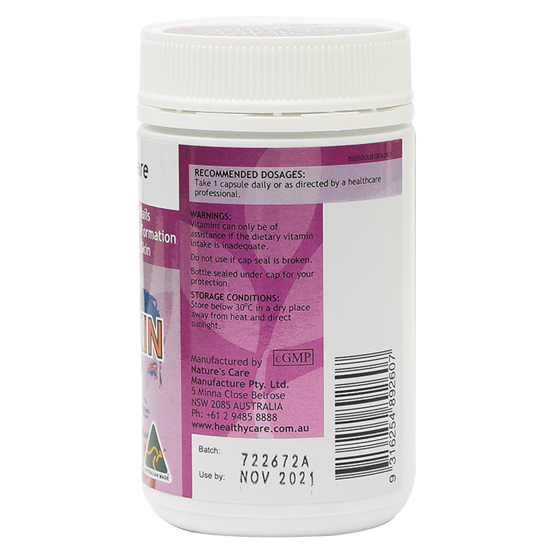 Healthy Care Super Hair, Skin & Nails (100 Capsules)HealthPromotes the growth of strong, healthy nails. May assist in the management of brittle nails by increasing the thickness of the fingernails. Contains nutrients that are involved in the formation of