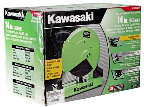 Kawasaski Cut Off Saw - 603010750Tools & Home ImprovementsBrand: Kawasaski Power Source: Corded Electric Type: Saws and Cutters Model Number: 603010750 Package Dimensions : 55.7 x 43 x 33 cm; 19.2 Kilograms