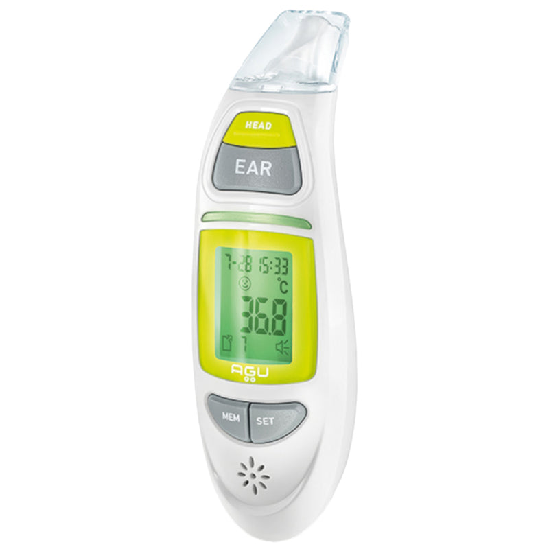 Infrared Thermometer By Agu BabyBaby HealthKey Feature *2 in 1 Temple and Ear Measurements *High Precision Measuring *Color Fever Indicator *Built-in clock with environment temperature measurement function *Choice of temperature scale C/F Description The