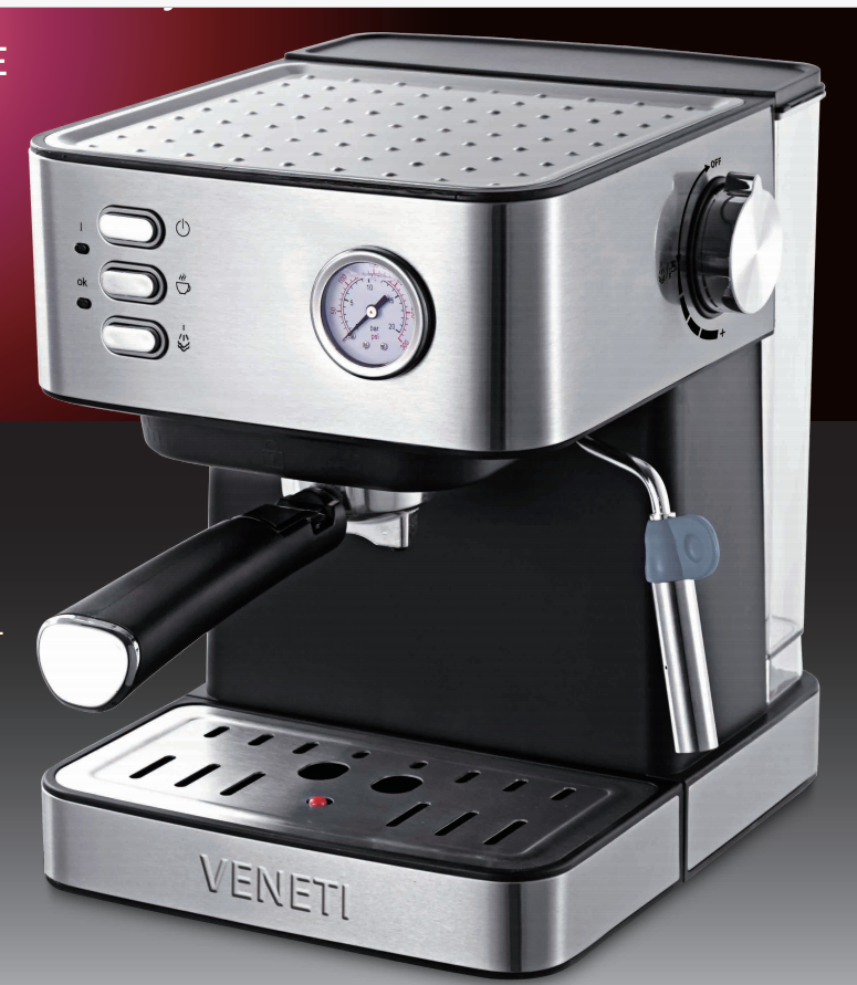 Veneti Coffee Machine 850 watt Espresso and Cappuccino Coffee Maker with 15bar steam pressure, silver VI-6861CM