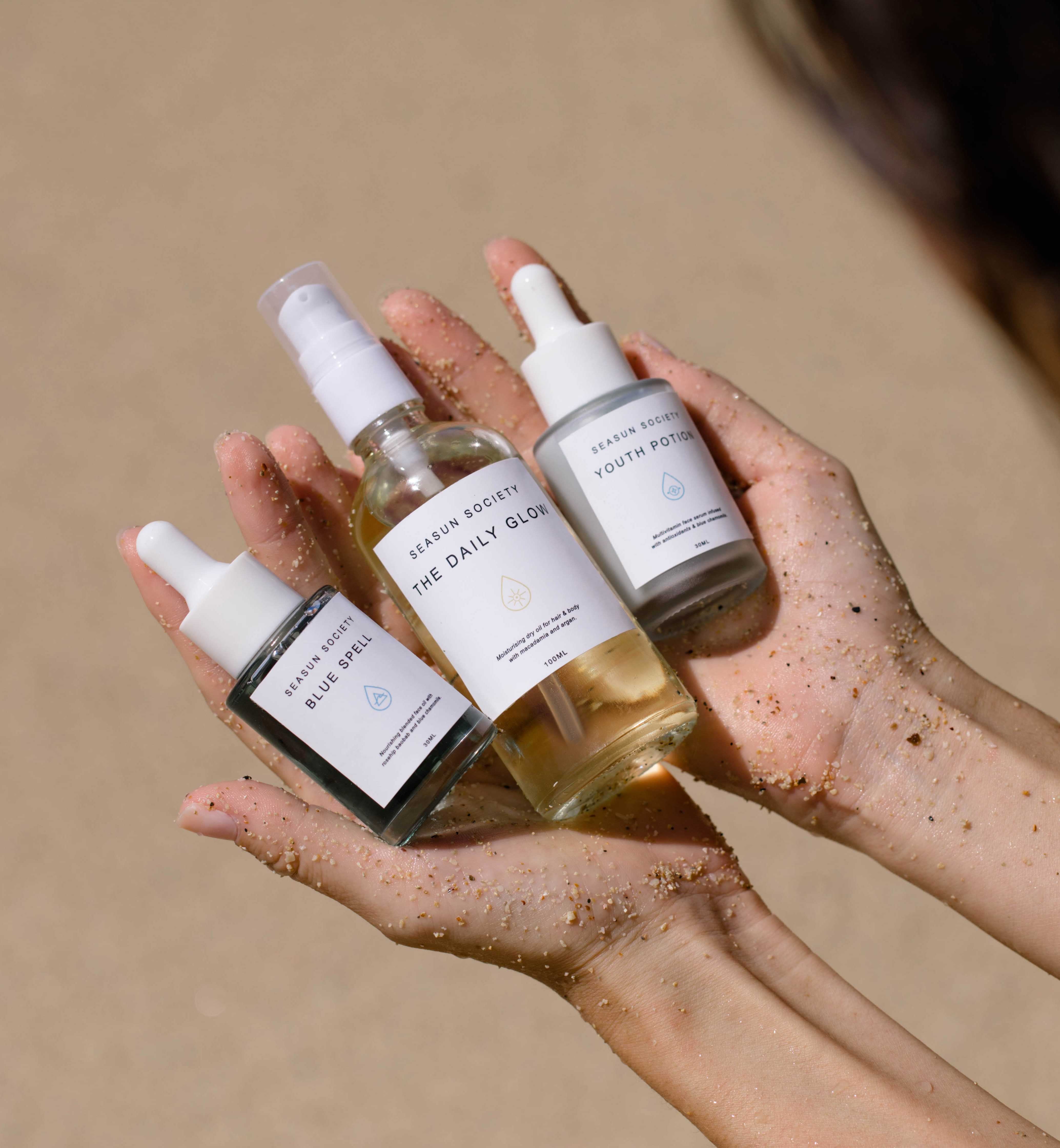 Clean Plant Based Beauty Seasun Society Daily Essential KitPersonal CareThis set includes✧ Blue Spell (30ml) Nourishing Blended Face Oil with Rosehip, Baobab and Blue Chamomile ✧ Youth Potion (30ml) Multivitamin Face Serum infused with antioxidants and Bl