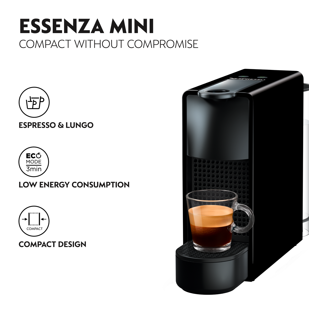 NESPRESSO Essenza Mini C30 Black Coffee MachineKitchen AppliancesNespresso coffee fits into the tiniest spaces with the Essenza Mini. It's a small coffee machine designed to give you perfect coffee experiences. Enjoy Espressos or Lungos as you like with t