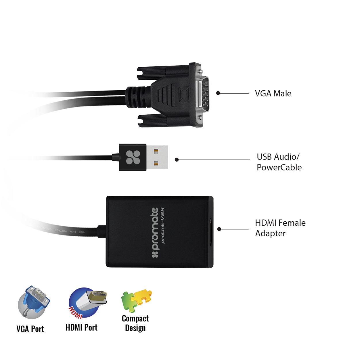 Promate - VGA to HDMI Converter Adaptor 1080p HD Resolution with Audio Support TV AV HDTV, ProLink-V2H.Black