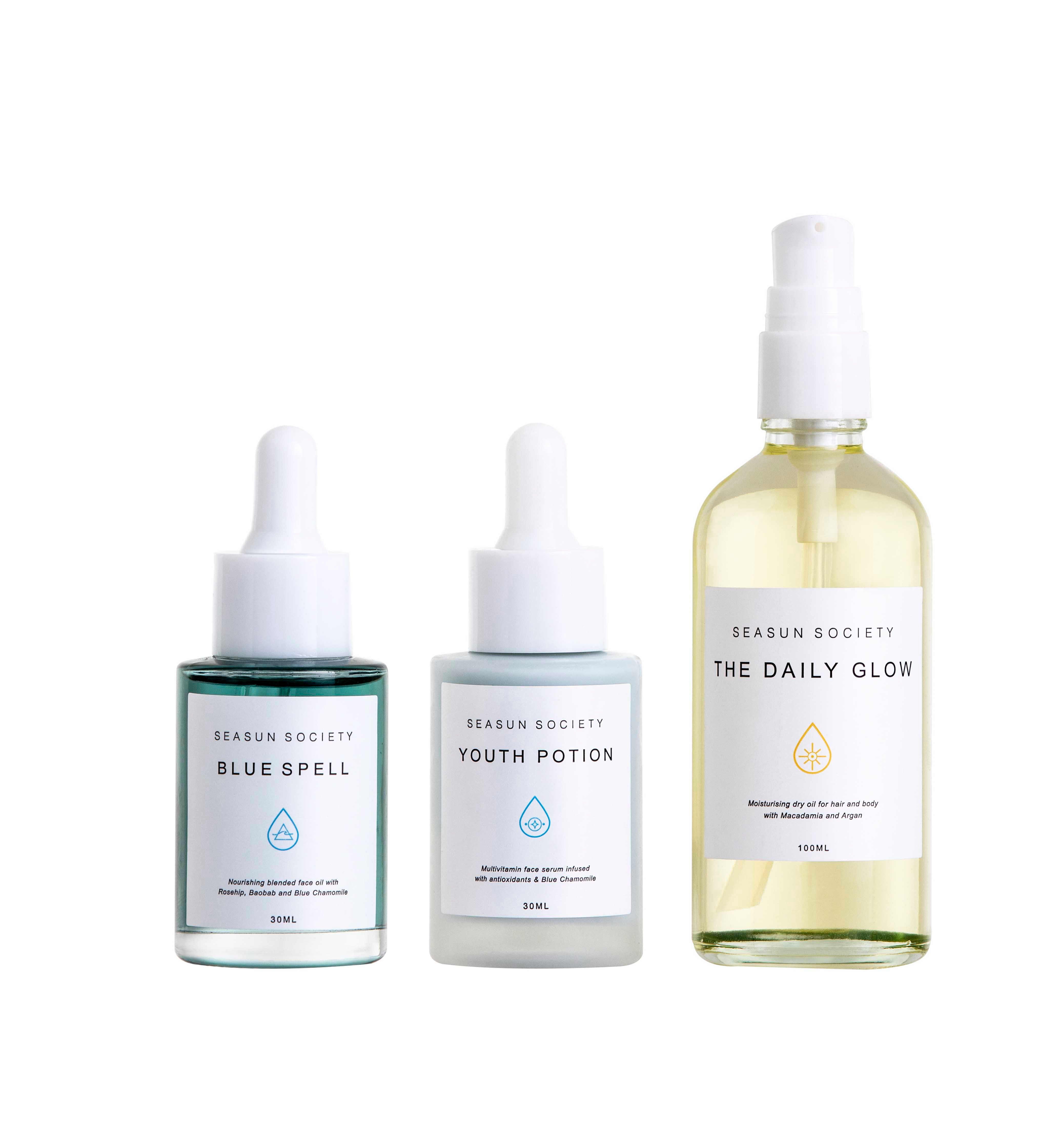 Clean Plant Based Beauty Seasun Society Daily Essential KitPersonal CareThis set includes✧ Blue Spell (30ml) Nourishing Blended Face Oil with Rosehip, Baobab and Blue Chamomile ✧ Youth Potion (30ml) Multivitamin Face Serum infused with antioxidants and Bl