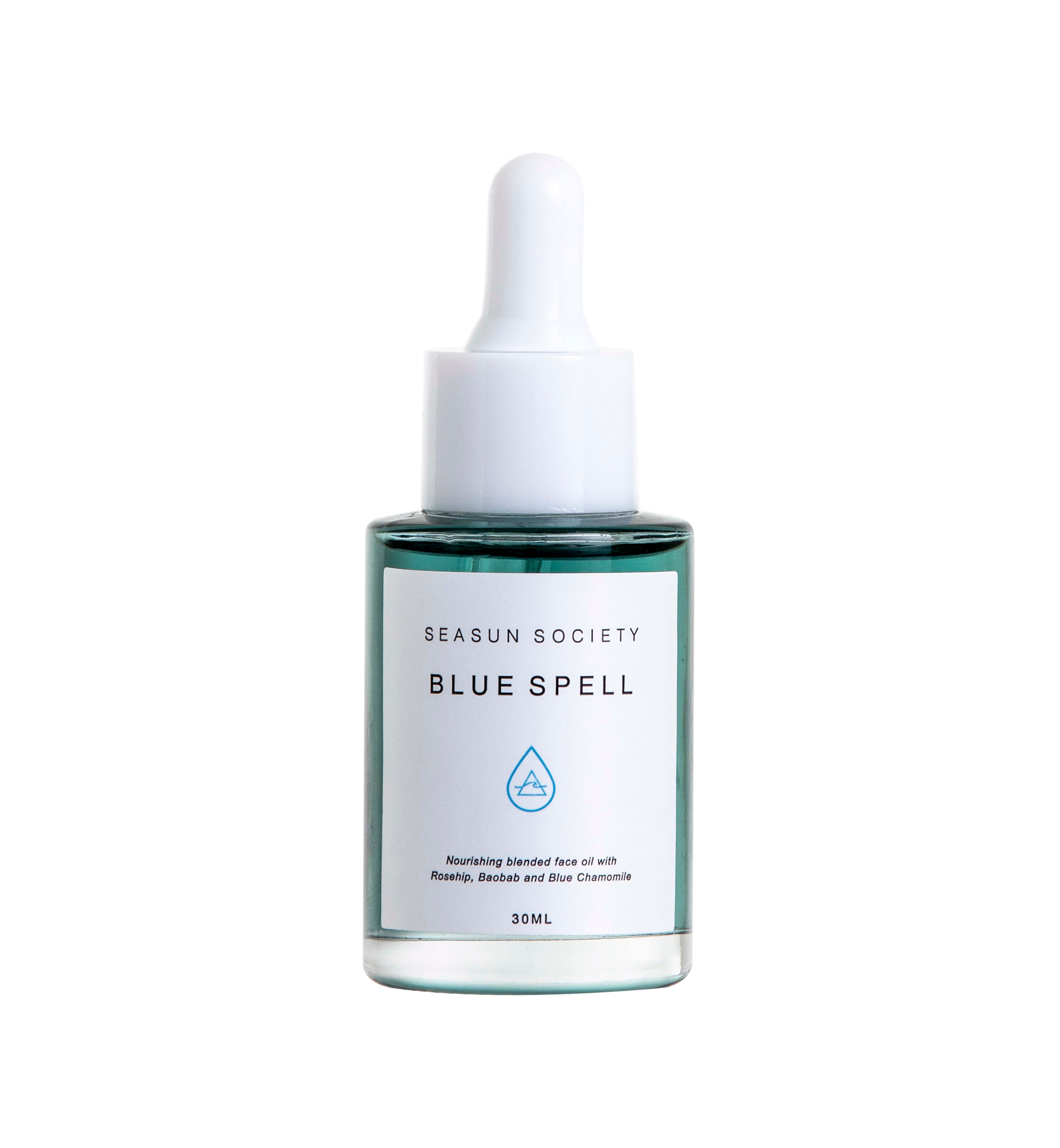 Clean Plant Based Seasun Society Blue Spell Face OilPersonal CareNourishing Blended Face Oil with Rosehip, Baobab and Blue Chamomile. Blue Spell is a moisturising facial oil with 7 highly effective ingredients. Our formula is designed to hydrate, soothe,