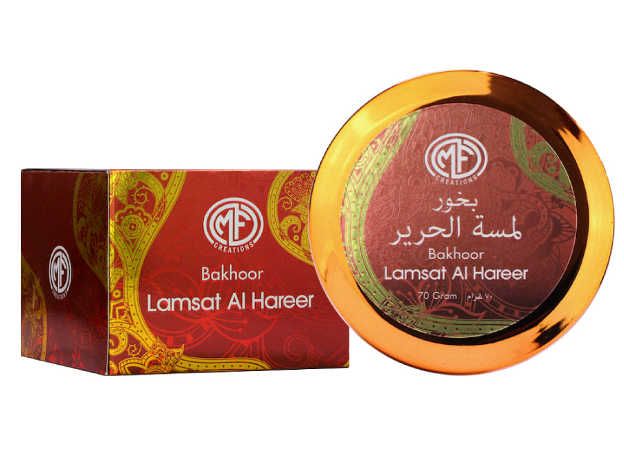 MFCreations Bakhoor Lamsat Al Hareer 70gmPerfumes & FragrancesEmits a scented fragrance that is sure to uplift your mood. Creates an elegant statement while levitating the home decor scheme. Oriental fragrance that is formulated with scented and environme