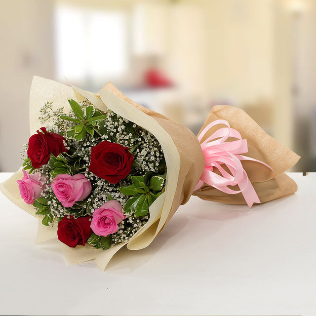Stolen Kisses 6Flowers3 Pink Roses 3 Red Roses Fillers- 4 Pittosporum & 3 Gypsophila Wrapped with Off White & Light Brown Color Fabric