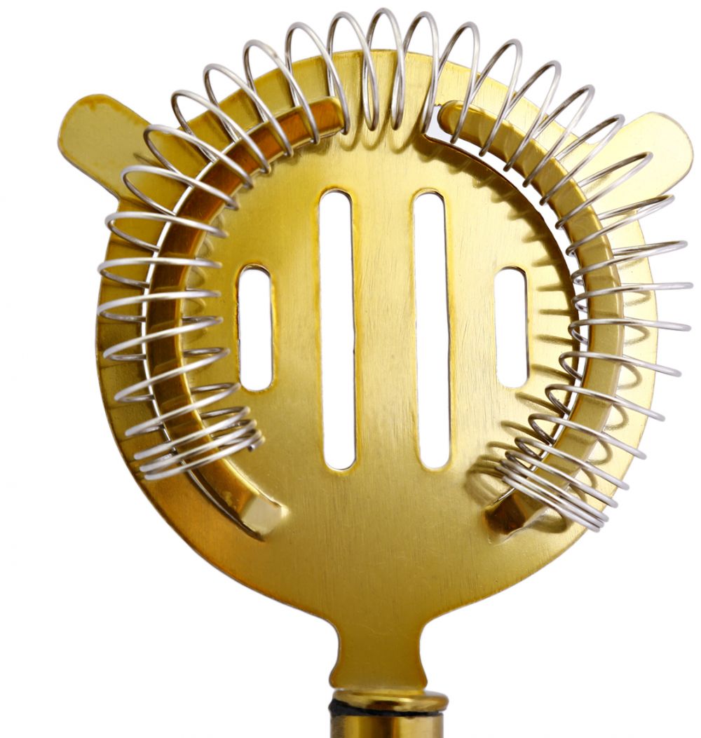 Pipe Handle Gold HawthorneKitchen StorageMaterial : Gold Plated Stainless Steel Color: Gold Package Contents : 1 Piece Hawthrone Strainer Size : 20.3 x 9.7 cm The coiled springs help it fit easily into the mouth of your mixing glass or shaker and prevents
