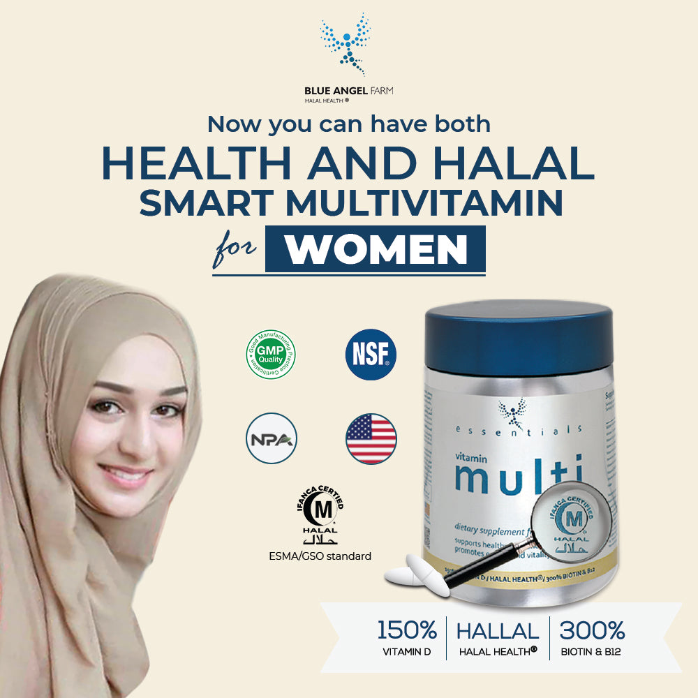 Blue Angel Farm | Halal Certified | Women’s Multi Vitamin & Mineral | High in Vitamin D, B12, Biotin | +Glutathione +Probiotics +CoQ10 | Daily multivitamin tablet (60 tabs)HealthBLUE ANGEL FARM Essentials Multi-Vitamin Tablets Immune Support Women’s Daily