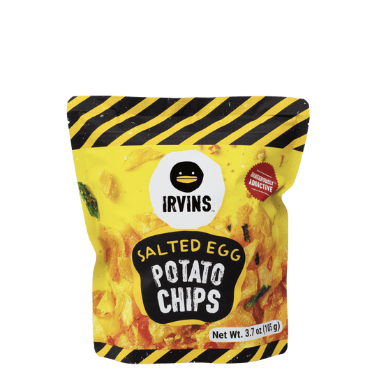 IRVINS Salted Egg Potato Chips (105 grams)SnacksIrvins Salted Egg Potato Chips Are Formulated by Our Expert Chefs in Singapore. Thinly Sliced Potatoes Are Fried to a Golden Crisp, Mixed With Real Salted Egg Yolk, Aromatic Curry Leaves, and Vibrant Red Chi