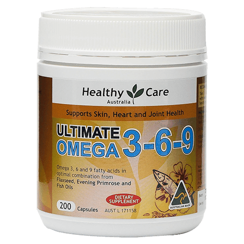 Healthy Care Ultimate Omega 3-6-9 (200 Capsules)HealthHealthy Care Ultimate Omega 3-6-9 combines Omega 3, 6 and 9 fatty acids from a combination of Flaxseed, Evening primrose and Fish oils. Assists in the relief of minor skin conditions and irritations. C