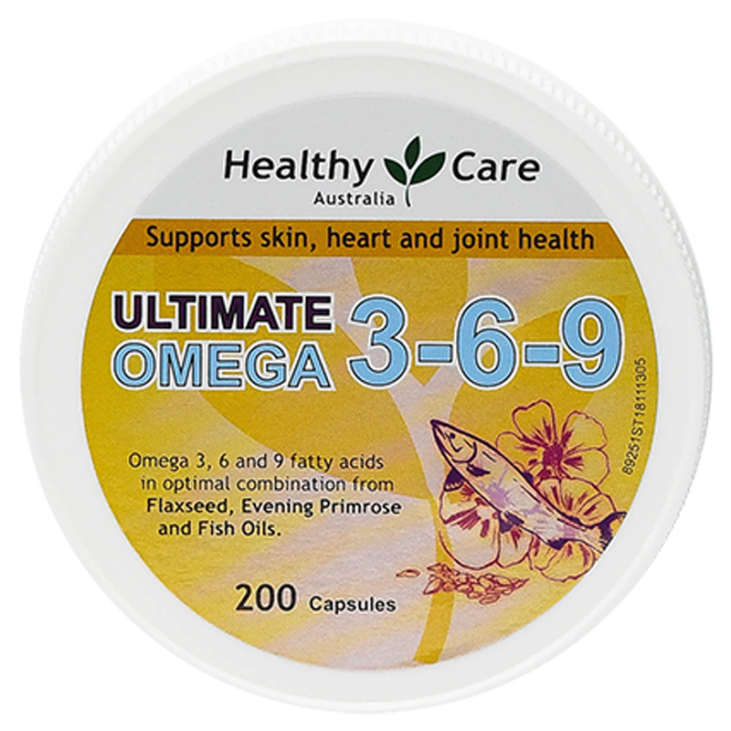 Healthy Care Ultimate Omega 3-6-9 (200 Capsules)HealthHealthy Care Ultimate Omega 3-6-9 combines Omega 3, 6 and 9 fatty acids from a combination of Flaxseed, Evening primrose and Fish oils. Assists in the relief of minor skin conditions and irritations. C