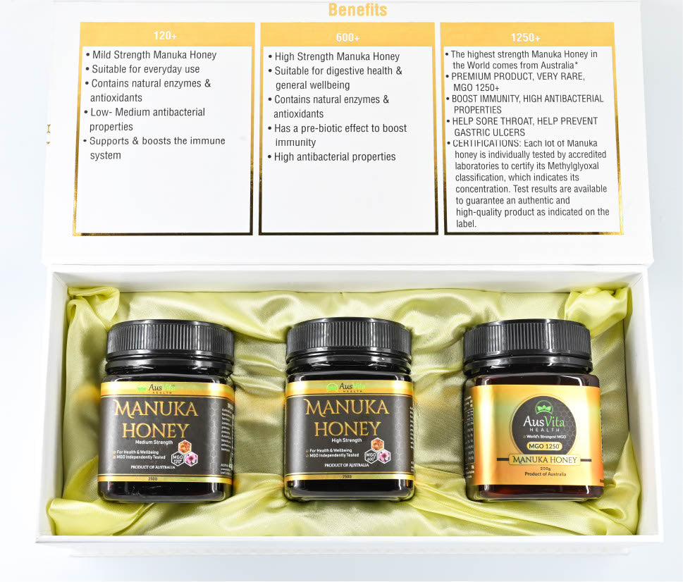 Honey Combo Pack of (MGO 120+, MGO 600+, MGO 1250) 250GJams, Honey & SpreadsAustralian Manuka Honey is a mild strength bioactive honey suitable for everyday use. It contains natural enzymes and antioxidants and is perfect as an additive for foods and drin