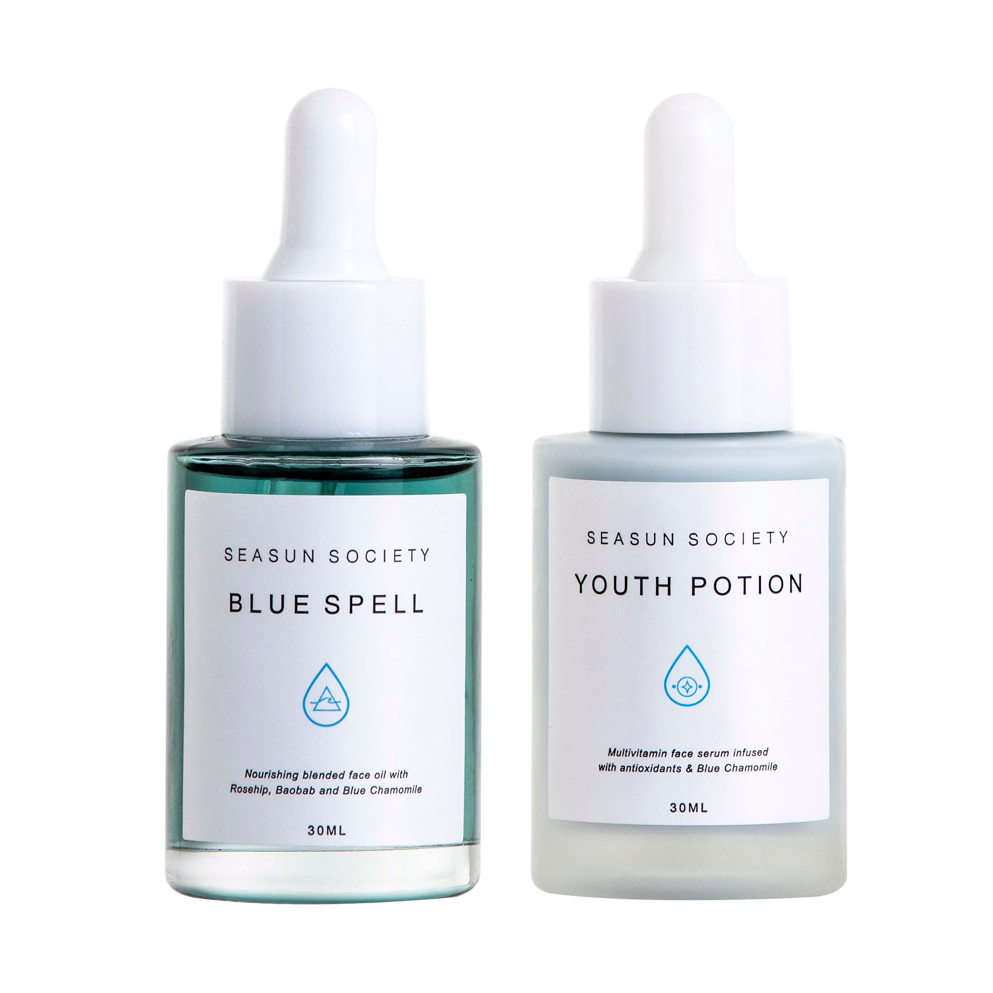 Clean Plant Based Face Duo Kit with Blue Spell Facial Oil & Youth Potion Multivitamin Face Serum by Seasun SocietyPersonal CareBlue Spell is a moisturising facial oil with 7 highly effective ingredients. Our formula is designed to hydrate, soothe, and rep