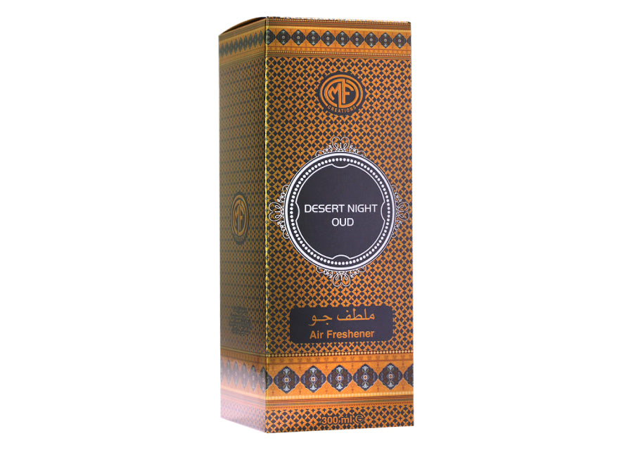 MFCreations Air Freshener Desert Night Oud 300MLHome EnvironmentMFCreations Air Fresheners exude oriental feelings that give you the feel of the Arab Culture! With the oriental smell, take the feel with you wherever you go. The Air Freshener comes in an e