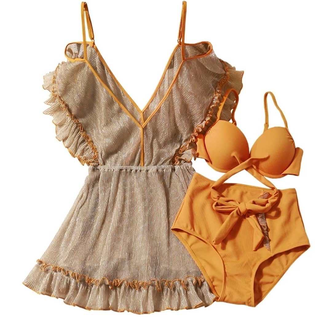 Pinkwish Orange Bikini set 3pcsWomens Fashionhigh quality beachwear set 3 pieces set Outer dress chiffon
