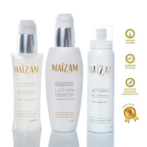 MAIZAM PARIS – Sensitive Skin Care KitPersonal CareMAIZAM Sensitive Skincare Kit Fitness Travel Cosmetic Bag Face Body Moisturizer Heat Protectant Refreshing Spray Gentle Cleanser Great Gift Useful for Hajj and Umrah Key Features: Multi-Functional – This
