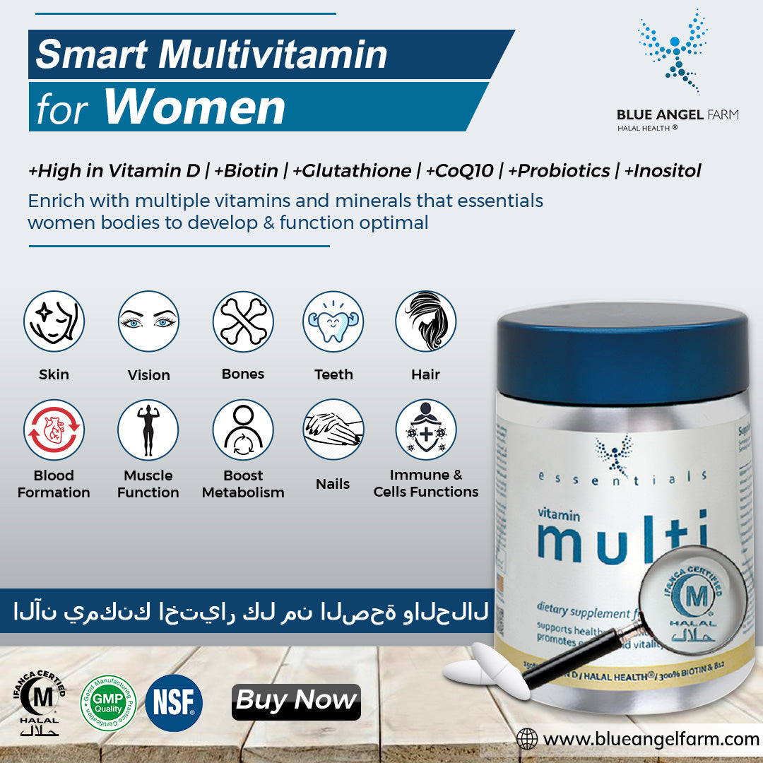 Blue Angel Farm | Halal Certified | Women’s Multi Vitamin & Mineral | High in Vitamin D, B12, Biotin | +Glutathione +Probiotics +CoQ10 | Daily multivitamin tablet (60 tabs)HealthBLUE ANGEL FARM Essentials Multi-Vitamin Tablets Immune Support Women’s Daily