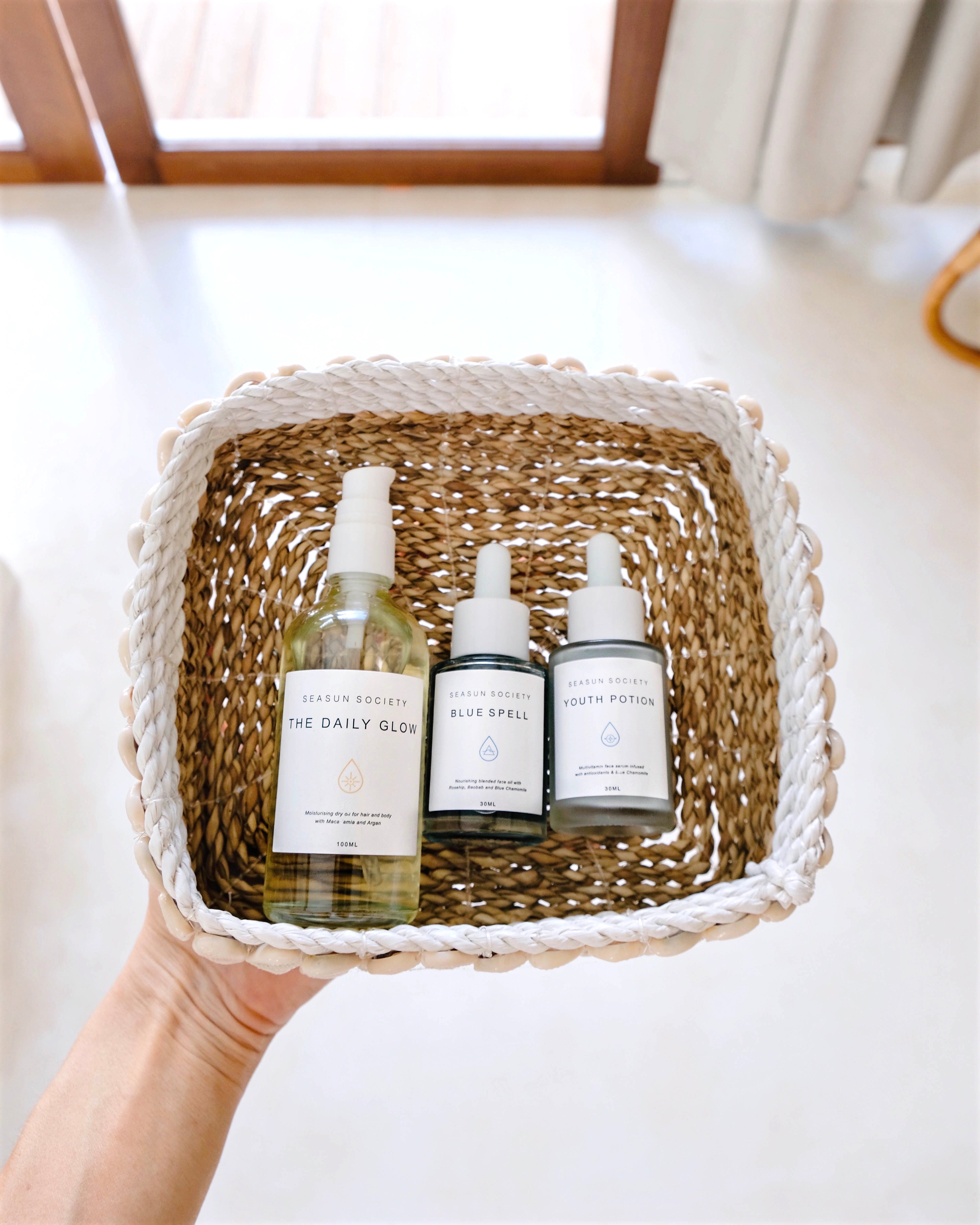 Clean Plant Based Beauty Seasun Society Daily Essential KitPersonal CareThis set includes✧ Blue Spell (30ml) Nourishing Blended Face Oil with Rosehip, Baobab and Blue Chamomile ✧ Youth Potion (30ml) Multivitamin Face Serum infused with antioxidants and Bl
