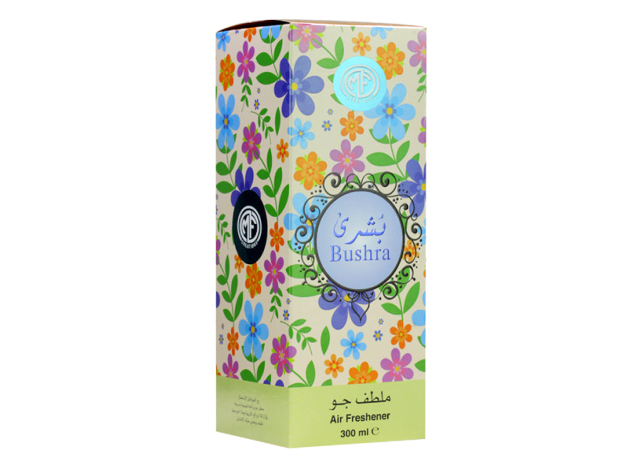 MFCreations Air Freshener Bushra 300MLHome EnvironmentMFCreations Air Fresheners exude oriental feelings that give you the feel of the Arab Culture! With the oriental smell, take the feel with you wherever you go. The Air Freshener comes in an easy-to-use